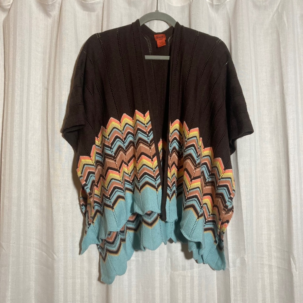 Missoni Women Wool Crochet Knit Cardigan Cape Poncho Zigzag Brown Teal Boho Cozy